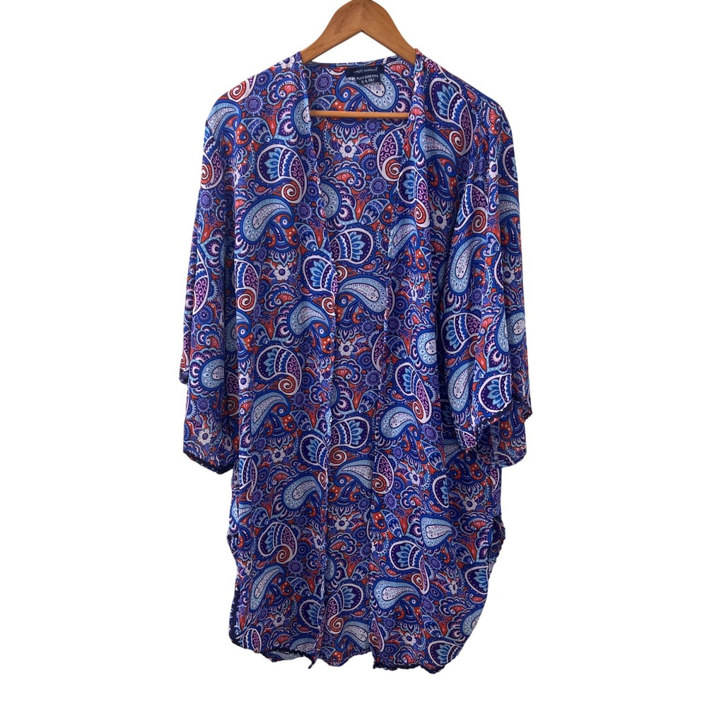Simply‎ Southern Paisley Kimono Cardigan Blue Orange Plus Size L XL XXL